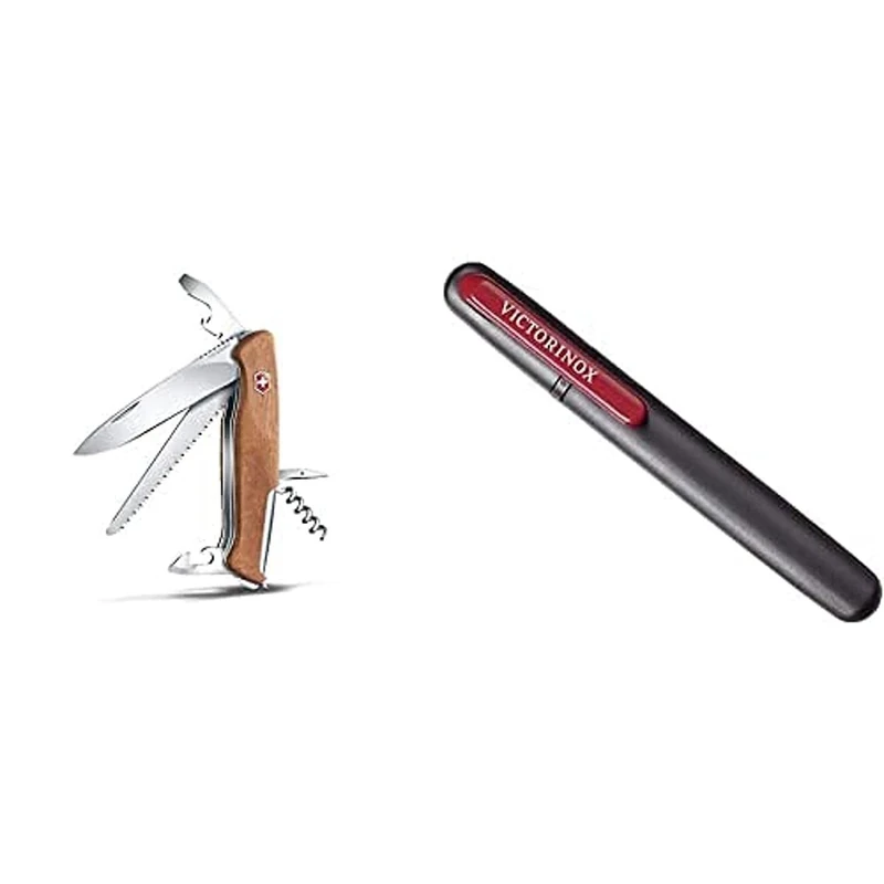 Victorinox Ranger Wood 55 Swiss Army Pocket Knife, Large, Multi Tool, 10 Functions, Locking Blade, Wood & Dual Knife Sharpener, Swiss Made, Portable, Black/Red