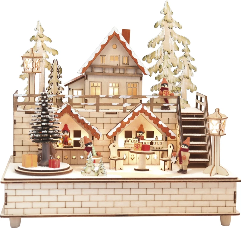 HGD Christmas Town with Music Box, Wood, Beige, 30 x 21 x 29.5 cm