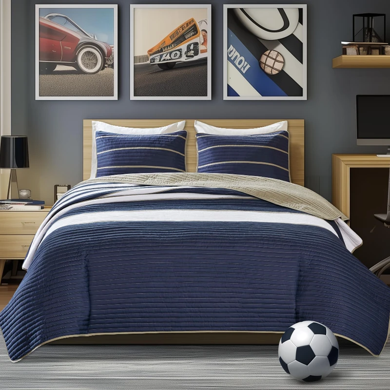Comfort Spaces Quilt Coverlet Bedspread Ultra Soft Microfiber Pattern Hypoallergenic Bedding Set, Fabric, Verone White Blue Stripe, Full/Queen - Image 1