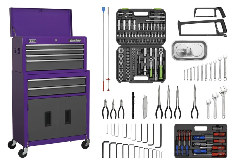 Sealey American PRO® Topchest & Rollcab Combination 6 Drawer with Ball-Bearing Slides - Purple/Grey & 170pc Tool Kit - AP2200COMBOCP