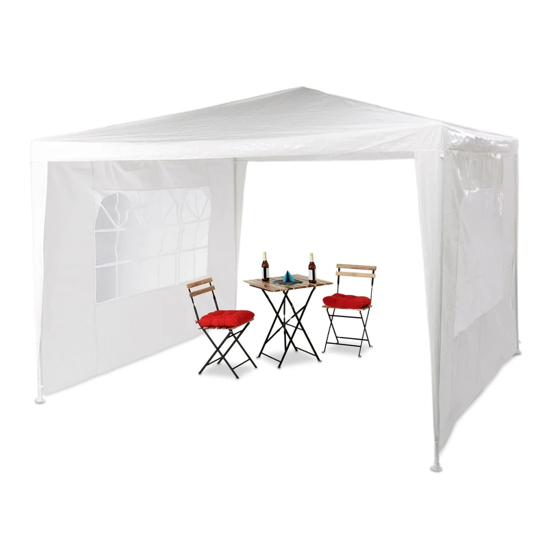 Relaxdays Gazebo 3x3 m, 2 Side Walls, Metal Frame, PE Cover, Window, Enclosed Festival Party Tent Event Shelter, White