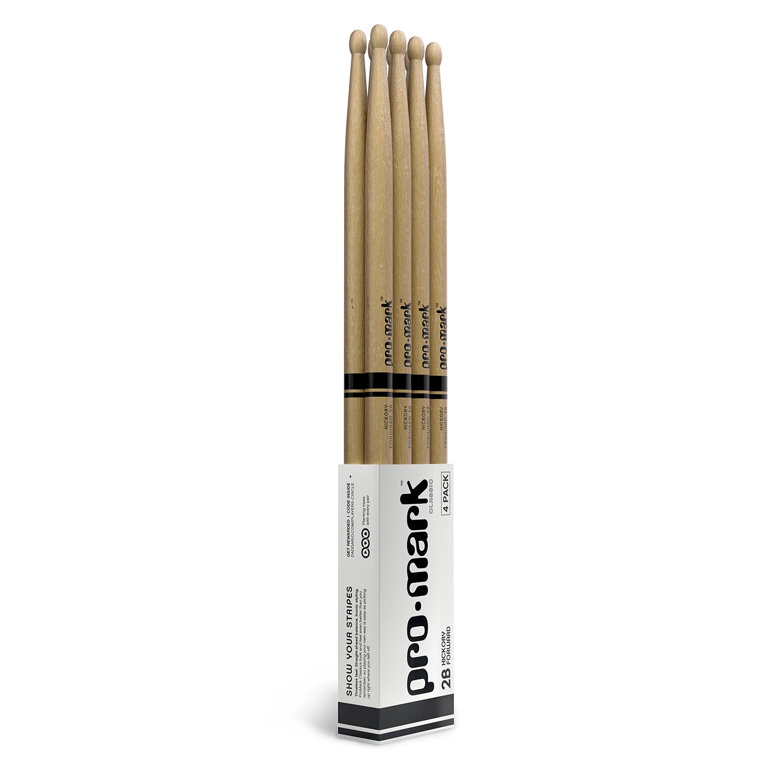 ProMark Drum Sticks - Classic Forward 2B Drumsticks - Drum Sticks Set - Oval Wood Tip for Dark, Warm Tone - Hickory Drum Sticks - Consistent Weight and Pitch - 4 Pairs