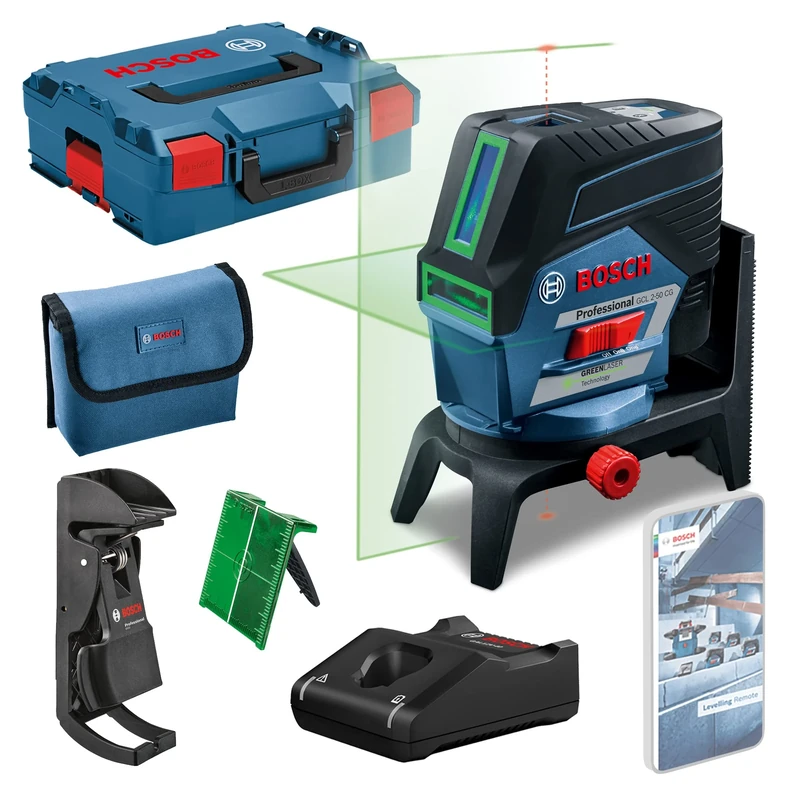 Bosch Professional 12V System Laser Level GCL 2-50 CG (1 Battery 12V + Charger, Green Laser, Interior, w/app Function, Mount, Visible Working Range: up to 20m, in L-Boxx)