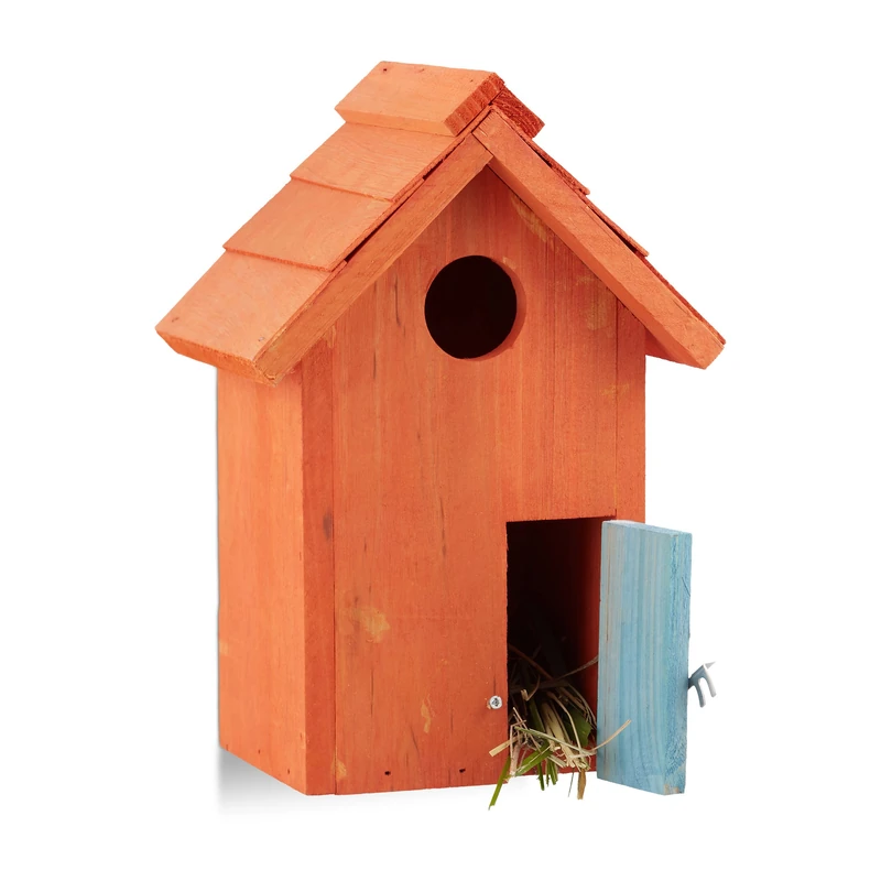 Relaxdays Nesting Box, Bird House, Wooden, Door, Small Entrance, Songbirds, HxWxD: 24.3 x 17 x 12 cm, Orange