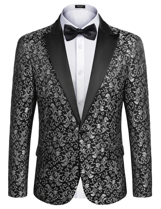 COOFANDY Mens Floral Blazer Suit Jacket Dinner Party Prom Wedding Stylish Tuxedo, 1 - Grey, S