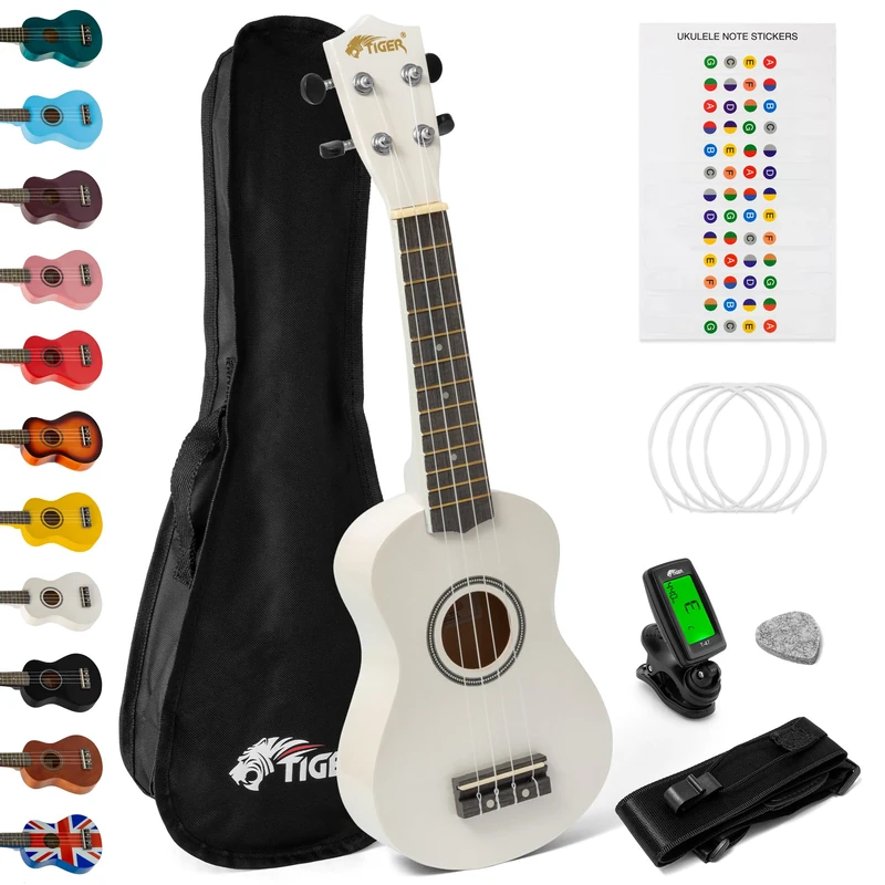 Tiger UKEKIT-WH Soprano Ukulele Kit – Suitable for Beginners and Children – Chromatic Tuner, Strap, Carry Bag, Notes Sticker, Felt Pick, Spare Strings, with Aquila Strings Fitted - White
