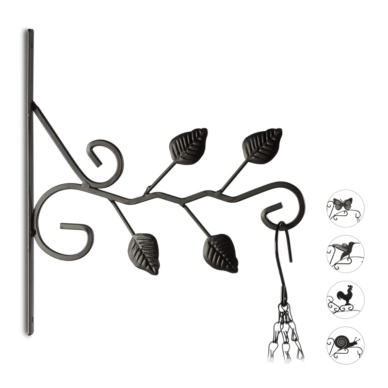 Relaxdays Plant Hook with Leaf Motif, Flower Pot Hanger for the Wall, Metal Garden Decor, HxWxD: 30 x 28 x 2 cm, Black
