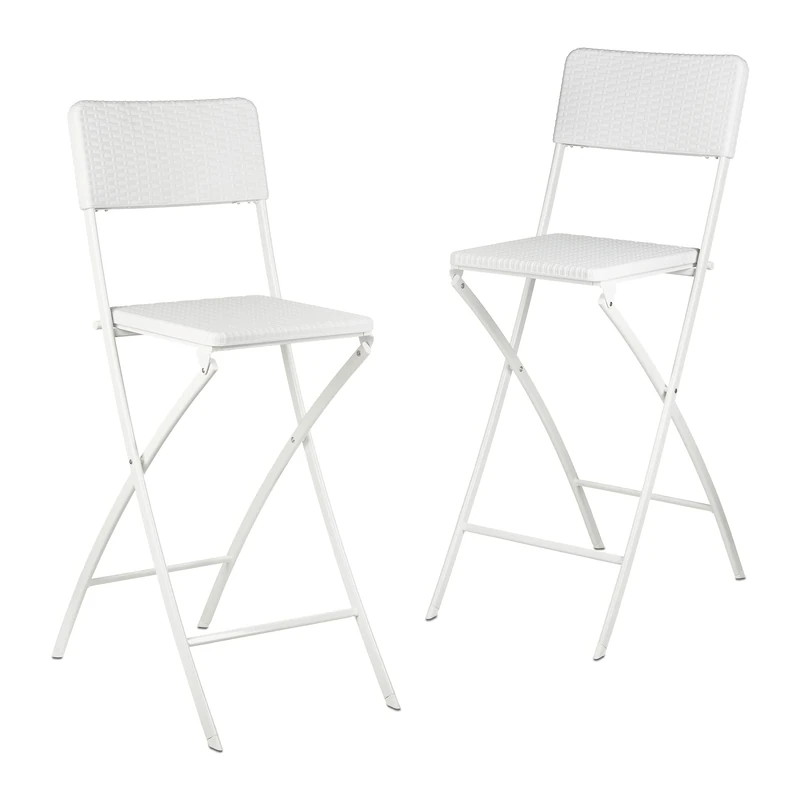 Relaxdays BASTIAN Folding Bar Stools, Rattan Look, Backrest, Bistro Chairs, Foldable, 78 cm Tall, Counter-Height, White