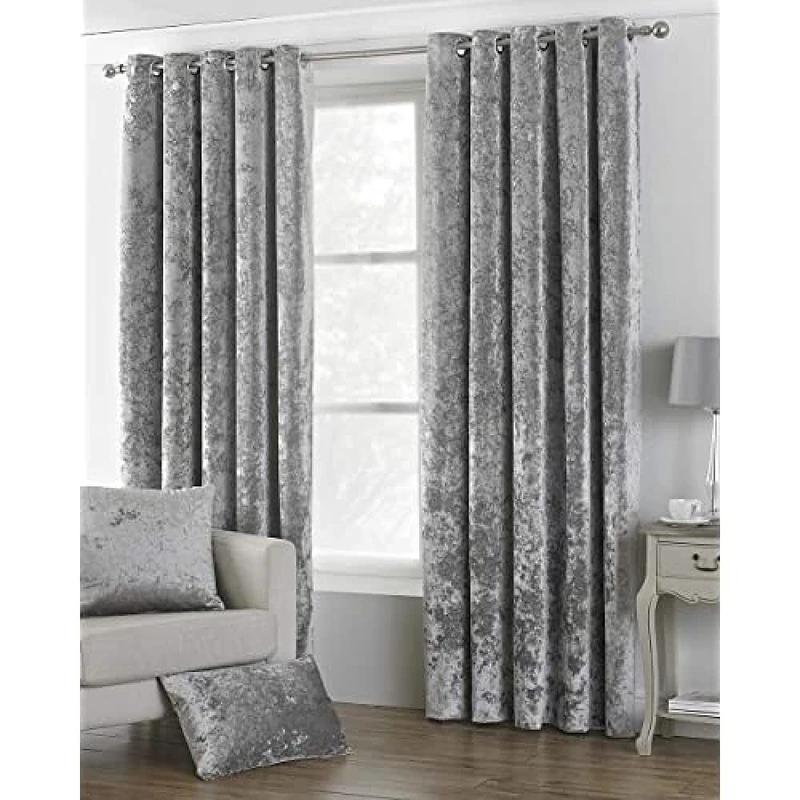 Riva Paoletti Verona Ringtop Eyelet Curtains (Pair) - Silver - Velvet Feel - Crushed Velvet Look 100% Polyester - 168cm width x 137cm drop (66" x 54" inches) - Designed in the UK
