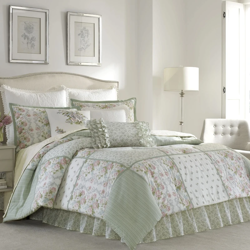 Laura Ashley Home Reversible Cotton Bedding with Matching Shams & Bedskirt, Stylish Home Decor for All Seasons, Sage, Full