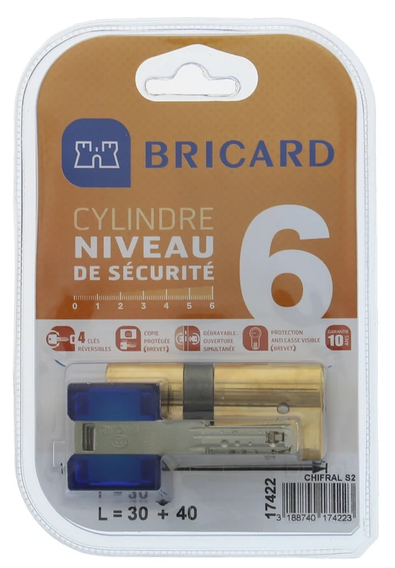 Bricard 17422 Chifral S2 Double Entry Lock Cylinder 30 x 40 Yellow Brass