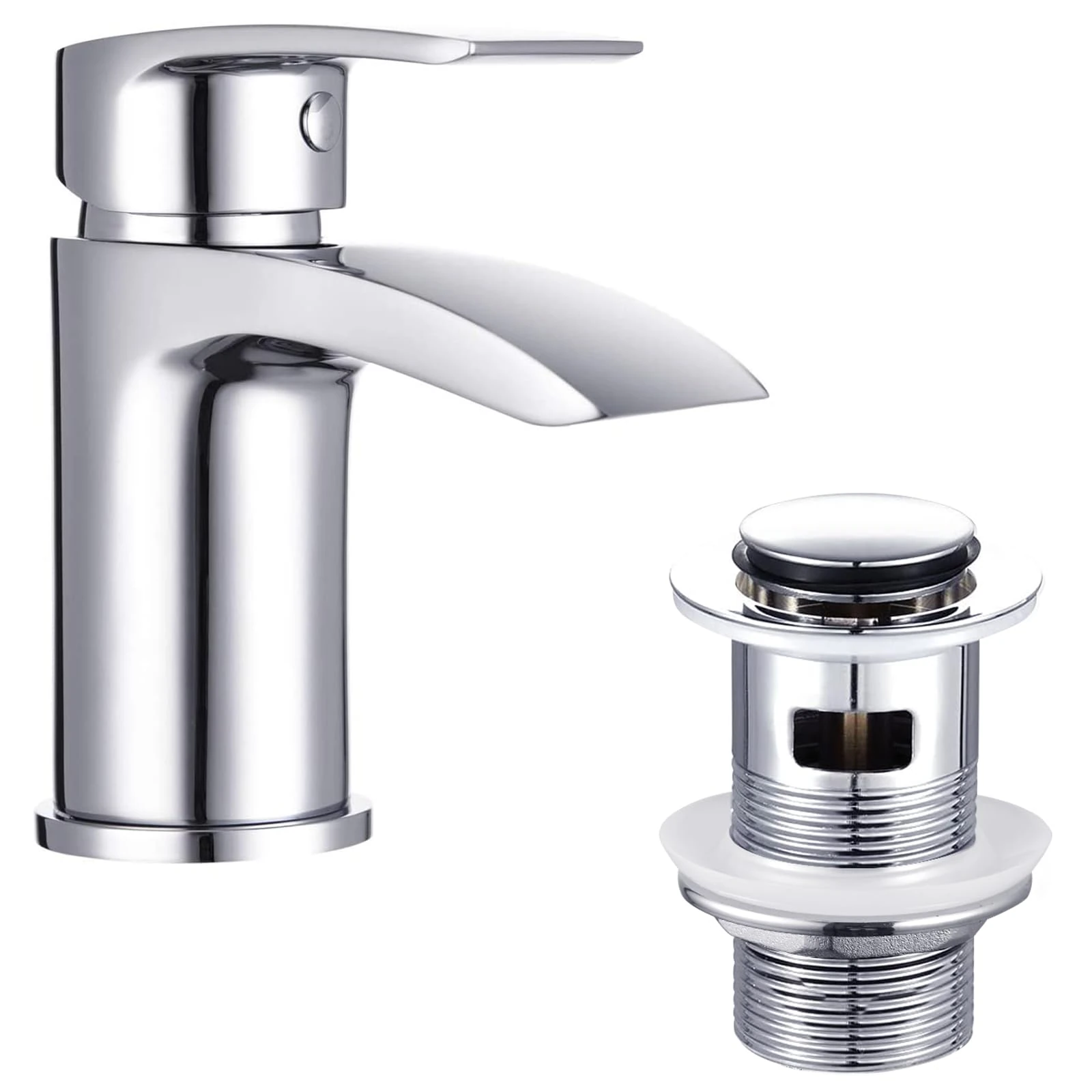 Funime Basin Taps Mixer Waterfall Bathroom Sink Tap Mixers Mono Chrome with Pop up Waste Brass Single Hole Monobloc with Hoses G1/2'' Modern Round