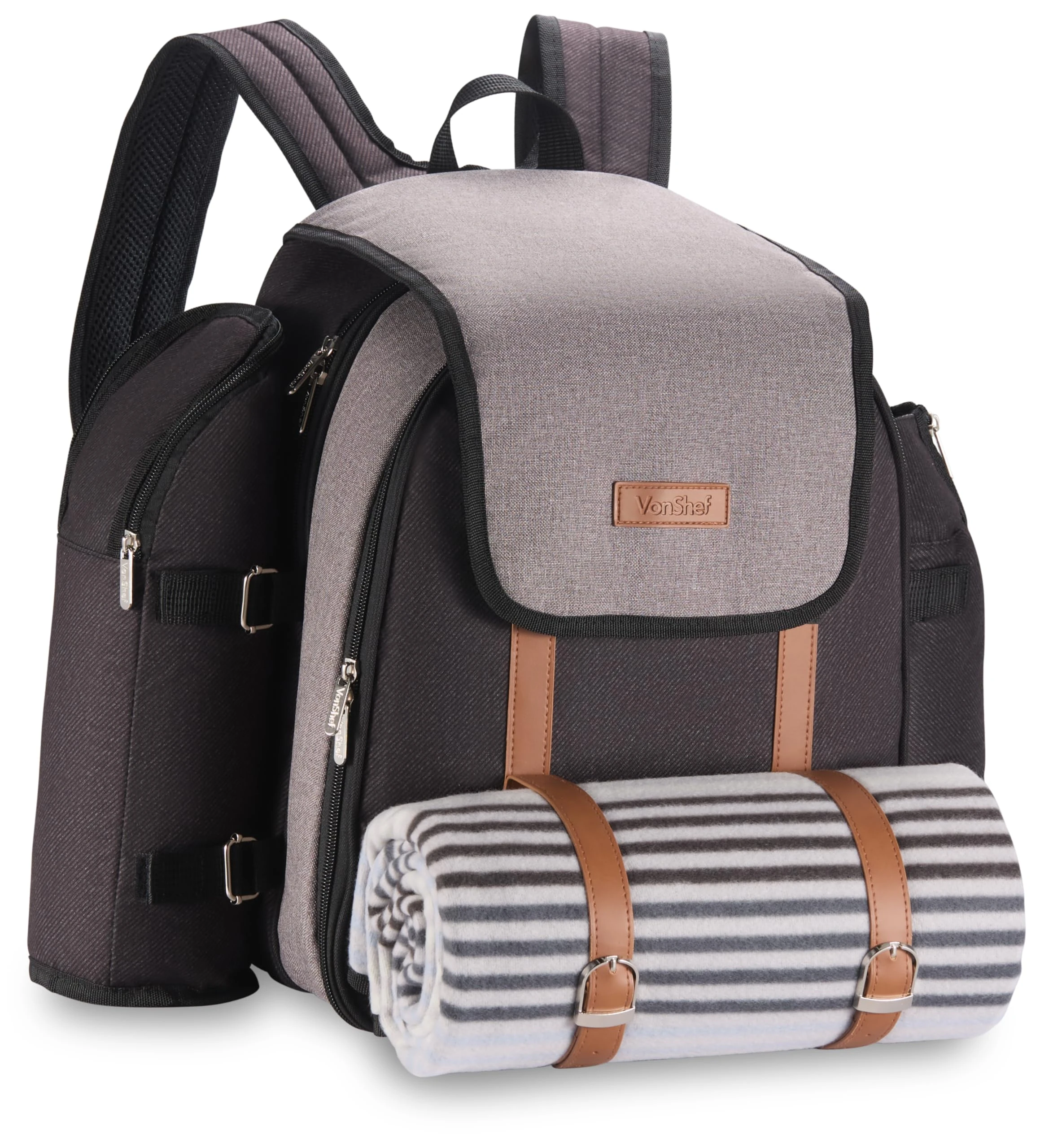 VonShef Picnic Backpack, 4 Person Grey Picnic Bag with Full Dining & Cutlery Set, Insulated Cooler Compartment & Large Waterproof Picnic Blanket, Lightweight Water Resistant Camping Accessories