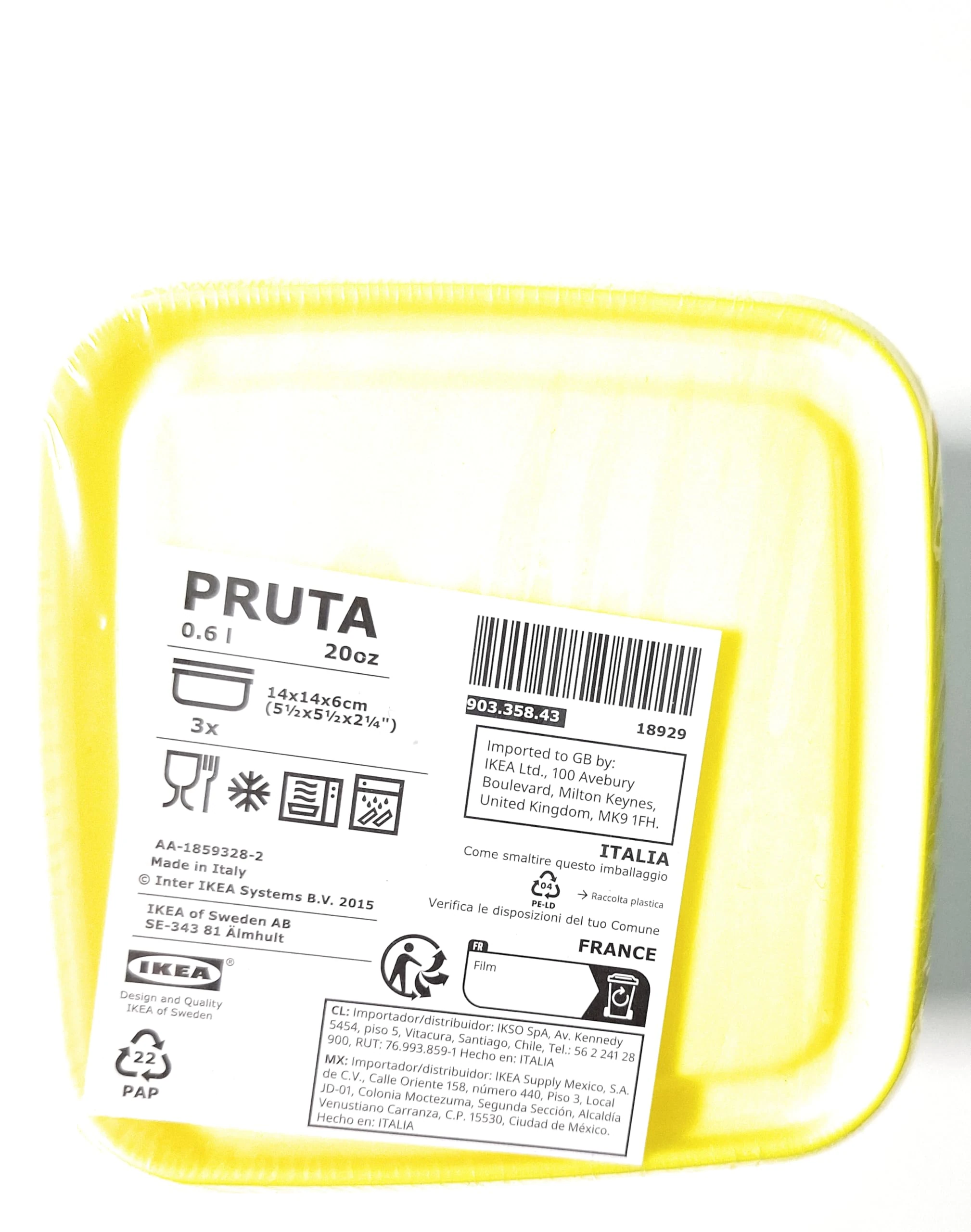 Ikea PRUTA Food Storage Containers with Lids, Transparent/Yellow, 0.6 Litres, 14x14x6 Centimetres, Microwave/Freezer/Dishwasher Safe - Set of 3