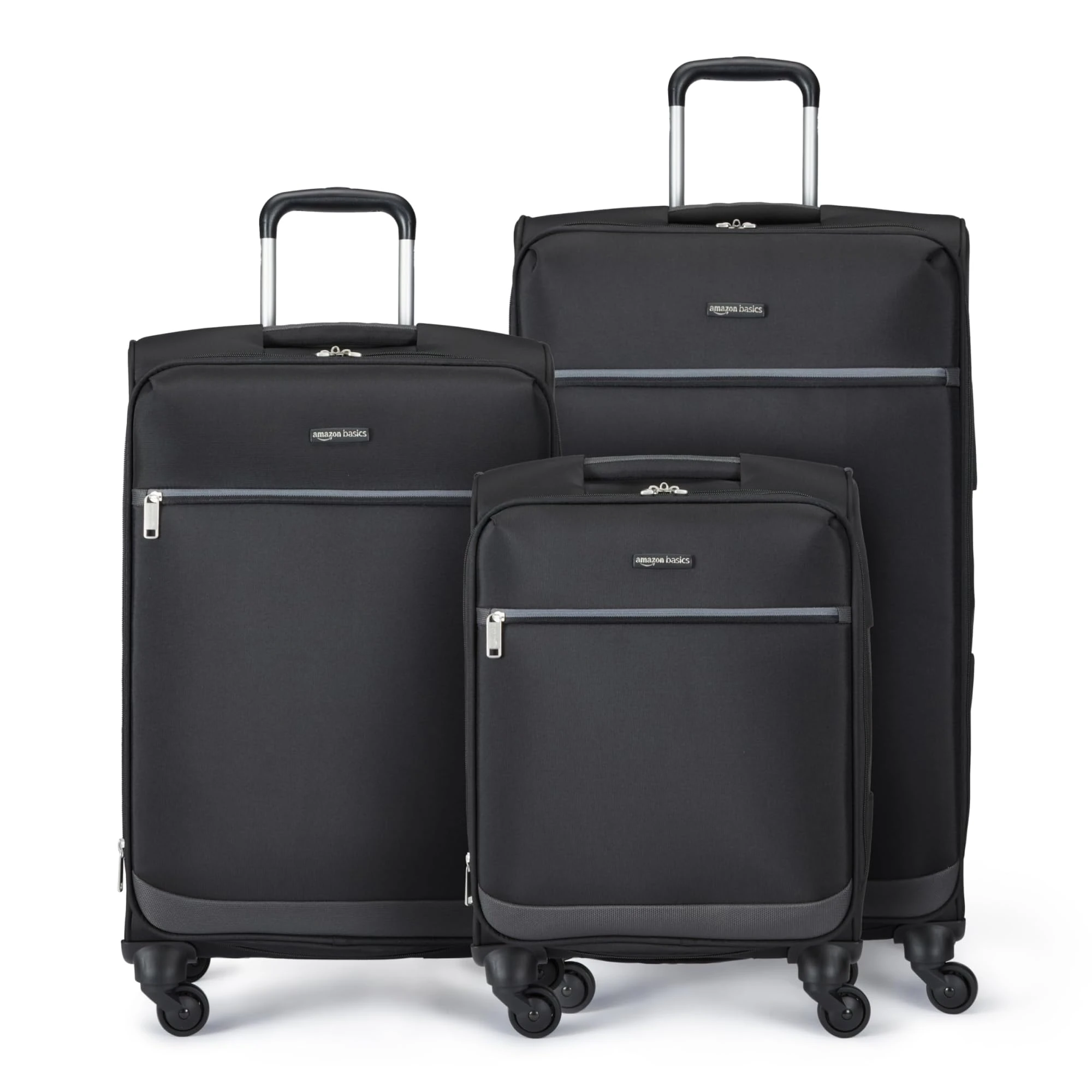 Amazon Basics 3-Piece Set (21", 25", 30"), Softside Suitcases With Wheels, With Four 360-Degree Multi-directional Spinner Wheels, Expandable Space, Zippered Pocket and Straps, Telescopic Handle, Black