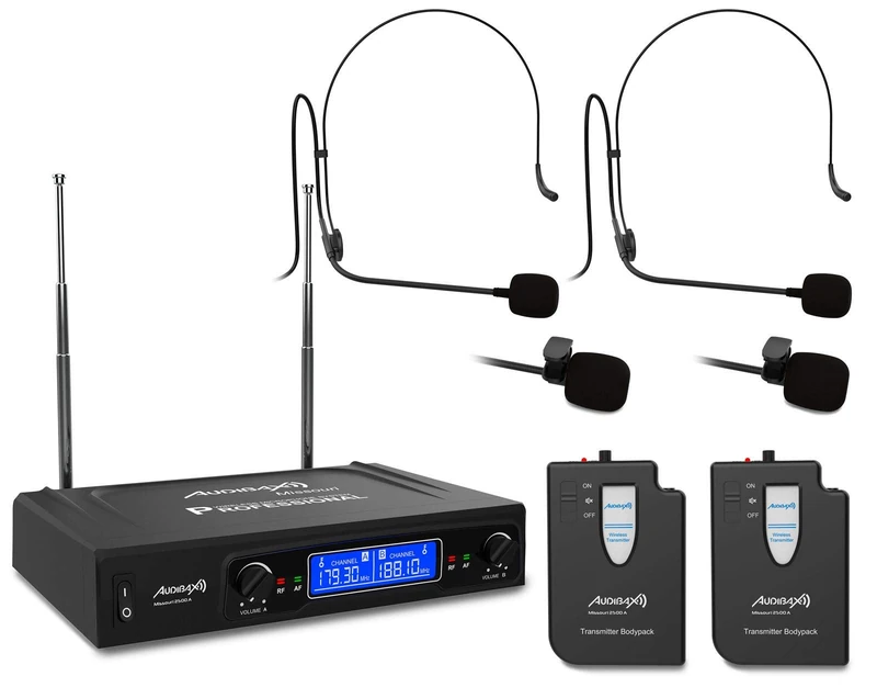 Audibax Missouri 2500 Dual Lavalier VHF Wireless Microphone System - Madonna A-Frequency Wireless Microphones - System with RF/AF Indicators - XLR and Auxiliary Output Connectors