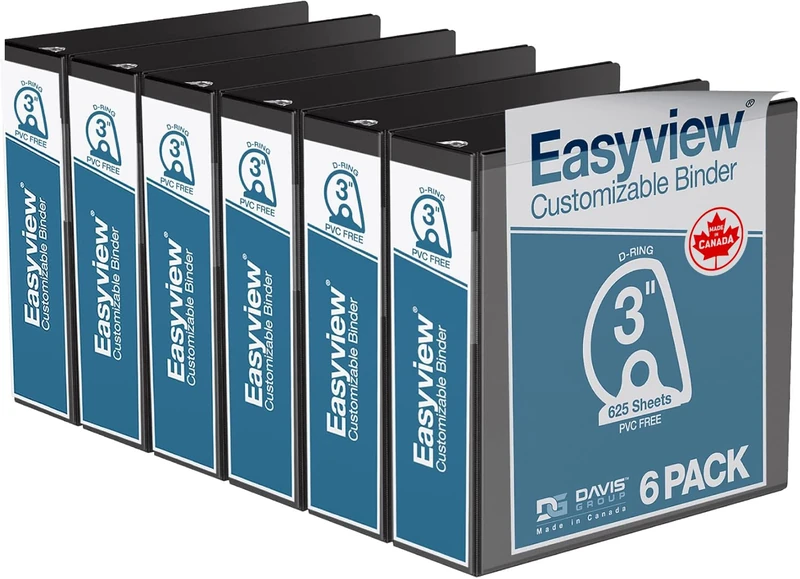 EasyView Premium 3-Inch Binders, Customizable Ring Binders for School or Work, Pack of 6, D Ring, Black