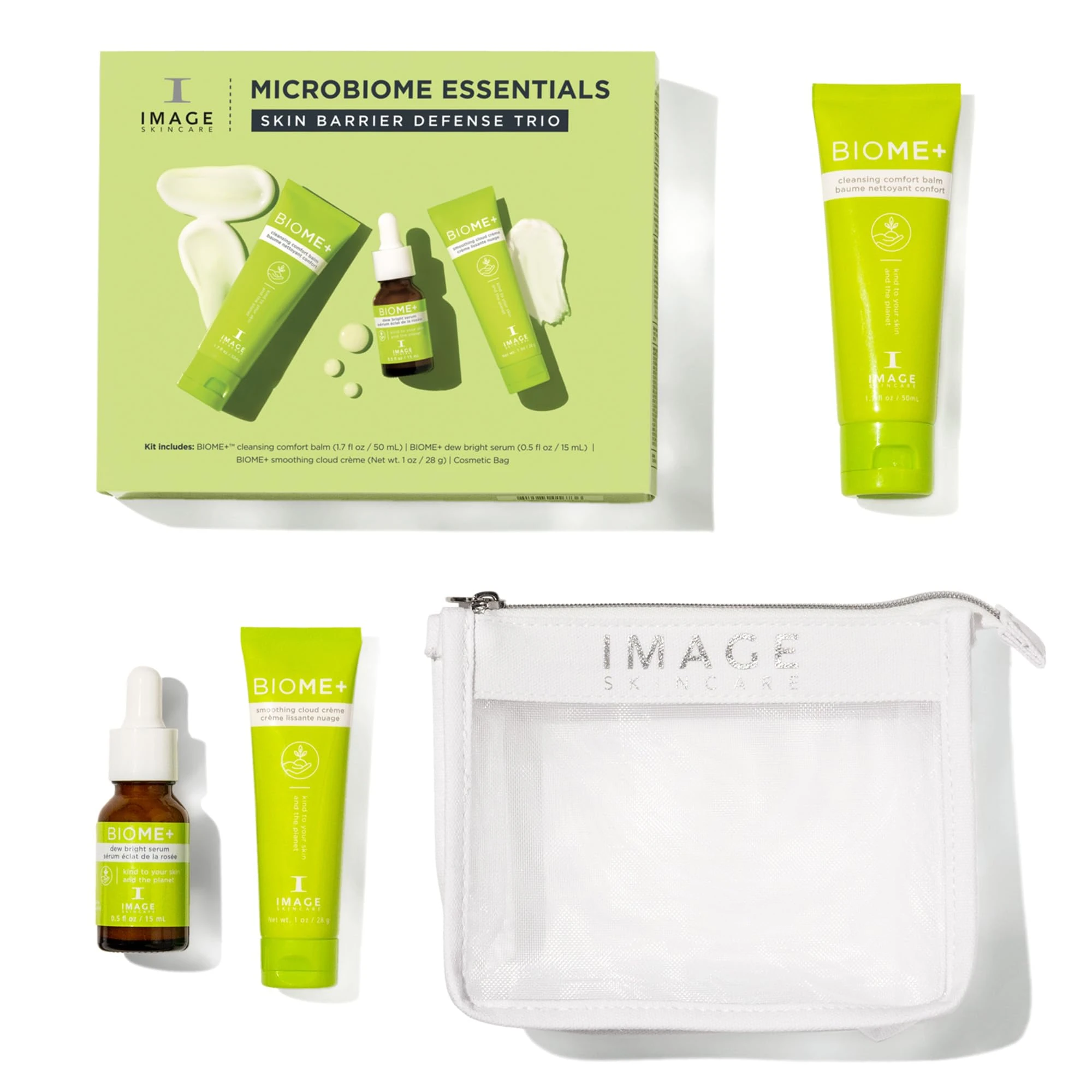 IMAGE Skincare BIOME+ Microbiome Essentials Skin Barrier Defense Trio, 3 Step Travel Regimen with Facial Cleansing Balm, Dew Serum and Smoothing Cream