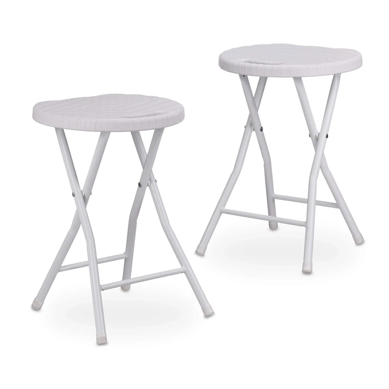 Relaxdays BASTIAN Round Folding Stool, Foldable, Plastic, Rattan Look, Waterproof, HxWxD: 45 x 32.5 x 29 cm, White
