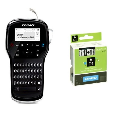 Dymo LabelManager 280 Handheld Label Maker QWERTY Keyboard and D1 Standard Labelling Tape of 24 mm x 7 m - Black on White