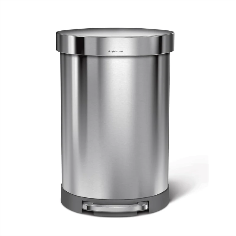 simplehuman Semi-Round Pedal Bin, 60L Large-Capacity Kitchen Bin, Liner Rim, Liner Pocket®, 150,000-Step Pedal, Lid Shox® Silent Close, Brushed Stainless Steel