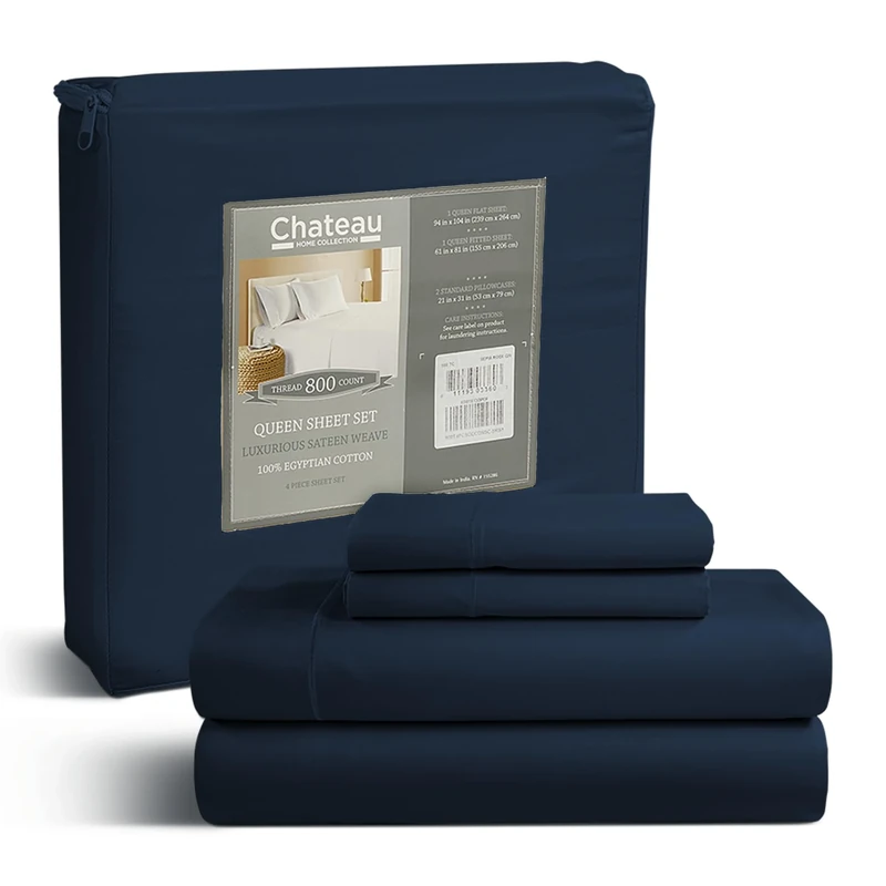 CHATEAU HOME COLLECTION King Size Sheets - Dark Denim, 800 Thread Count 100% Egyptian Cotton, 4 Piece Set (1 Flat Sheet, 1 Fitted Sheet, 2 King Pillowcases)