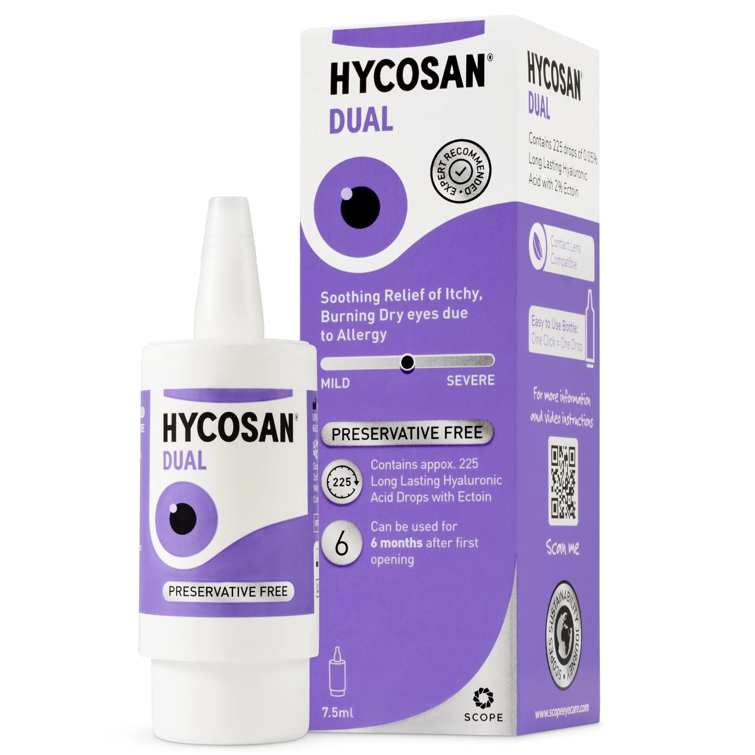 Hycosan Dual - Double Action Eye Drops with Hyaluronic Acid and Ectoin for Soothing Relief of Itchy, Burning or Dry Eyes Due to Allergens - Preservative Free - 225 Measured Doses