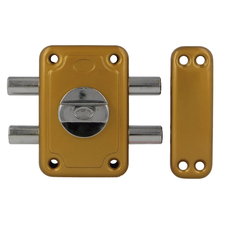 Amig - Overlap Lock with 2 Locking Pins and Inner Cuff for Wooden Doors Mod. 82 | 96 x 66 mm | Latch with Round Cylinder for Safety | Enamelled Steel Gold