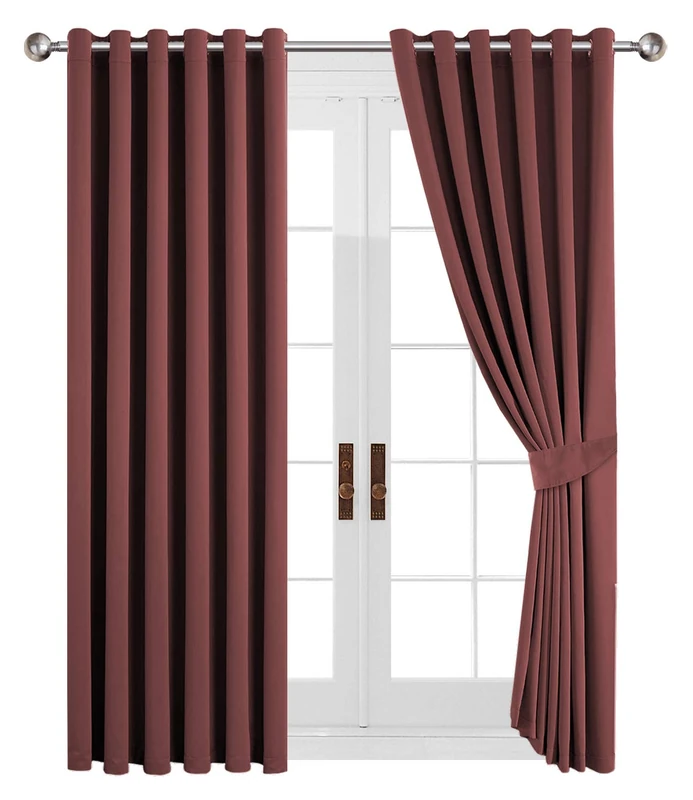 Oxford Homeware Pair of Interwoven Insulated Thermal Blackout Eyelet Curtains with 2 Tie Backs (Brown/ 90 X 90 / Ring Top)