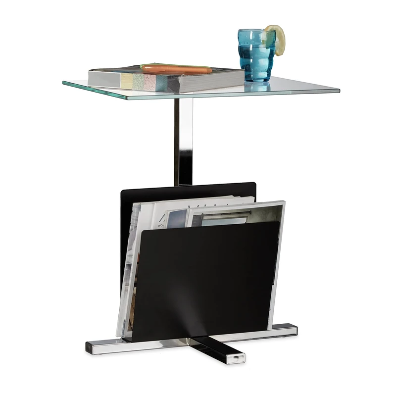 Relaxdays Side Table with Newspaper Stand, Metal, Glass Coffee Table, Magazine Shelf, HxWxD: 53 x 46 x 36 cm, Black