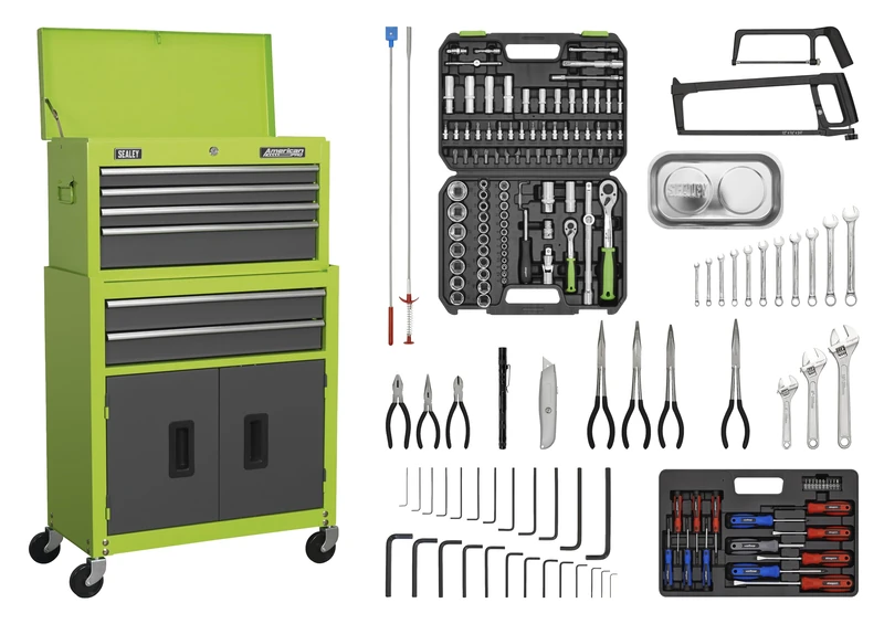 Sealey American PRO® Topchest & Rollcab Combination 6 Drawer with Ball-Bearing Slides - Green/Grey & 170pc Tool Kit - AP2200COMBOHV