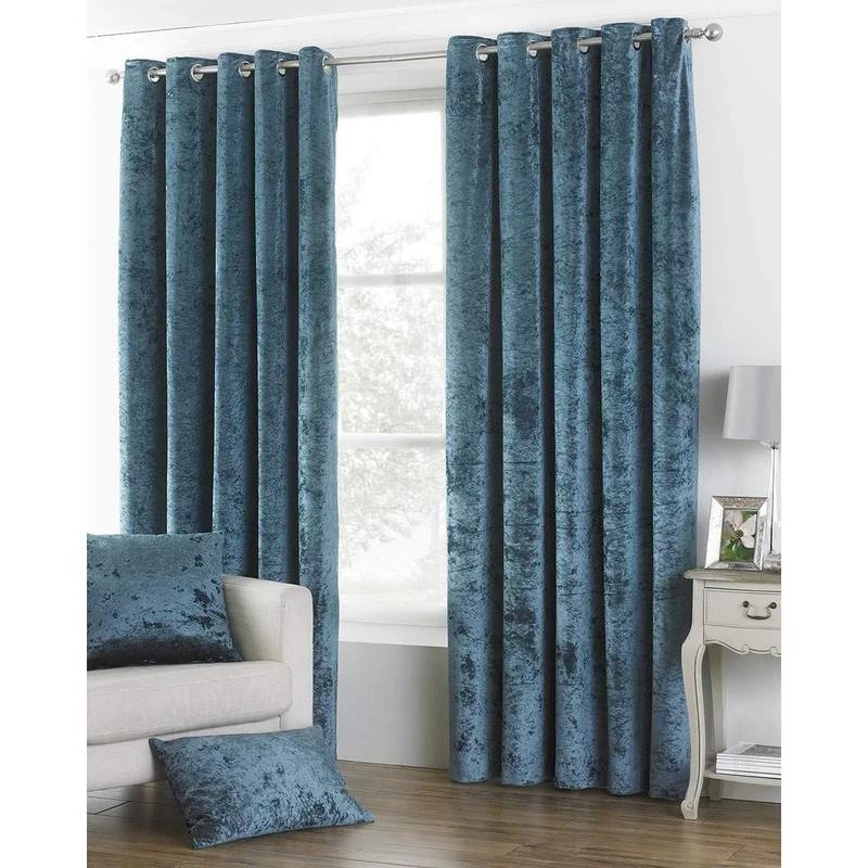 Riva Paoletti Verona Ringtop Eyelet Curtains (Pair) - Teal Blue - Velvet Feel - Crushed Velvet Look - Ready Made - 100% Polyester - 117cm width x 137cm drop (46" x 54" inches) - Designed in the UK