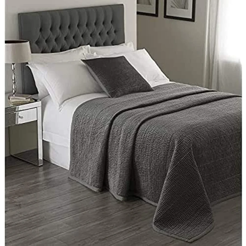 Riva Paoletti Brooklands Luxury Super King Size Bedspread - Graphite Grey - Velvet Feel Quilt Design - Linen Border - 100% Polyester Filling - 265 x 265cm (104" x 104" inches) - Designed in the UK
