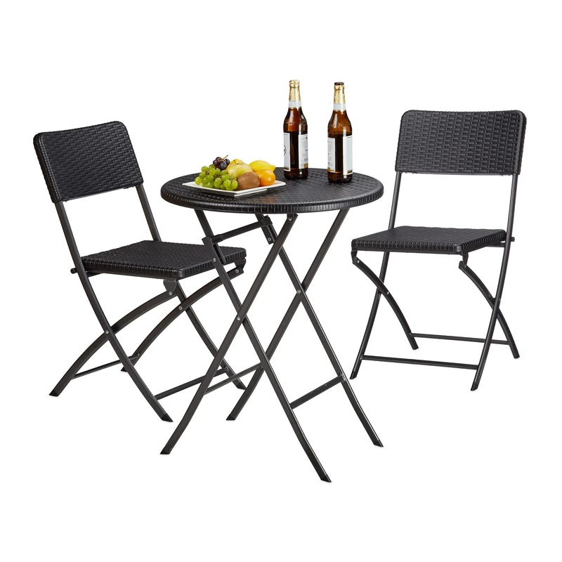 Relaxdays BASTIAN Garden Furniture Set, Foldable, 3-Pieces, Rattan-Look, HxWxD: 75.5 x 60 x 60 cm, Black - Image 1