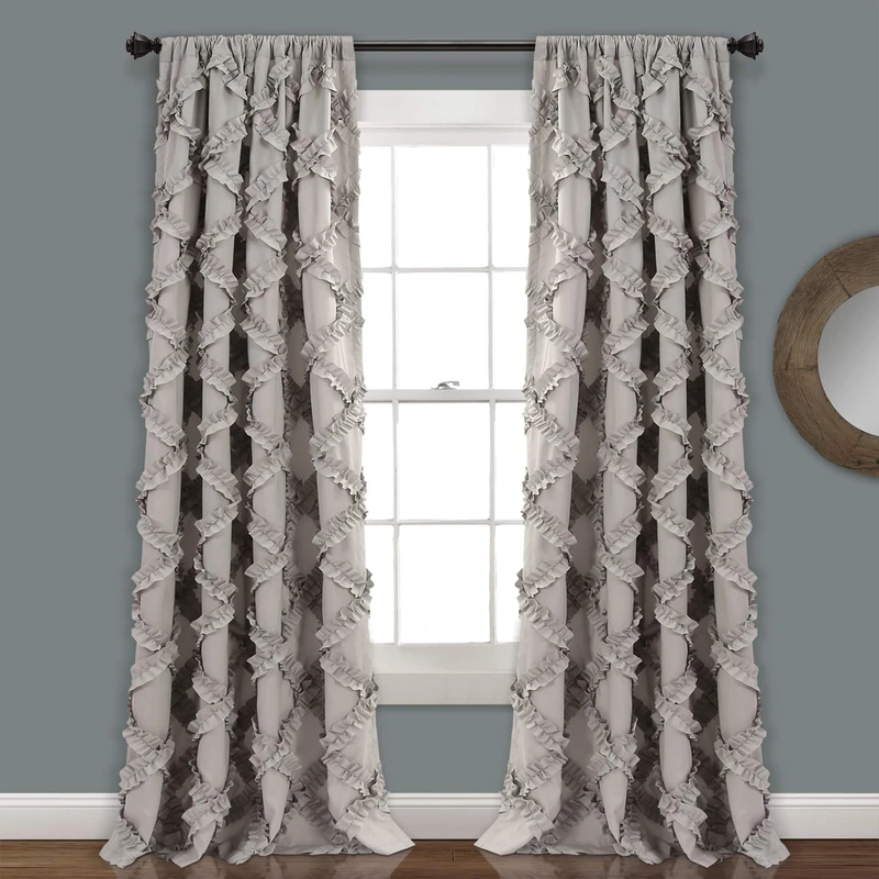 Lush Decor, Gray Ruffle Diamond Curtains Textured Window Panel Set for Living, Dining Room, Bedroom (Pair), 84” x 54, 2 Count