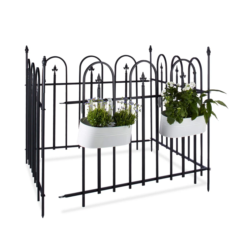 Relaxdays GOTH Metal Garden Fence, Complete Set, 4.8 m, Powder-Coated Iron, Metal Fence, 4 Panels of 90 x 120 cm, Grey, Black