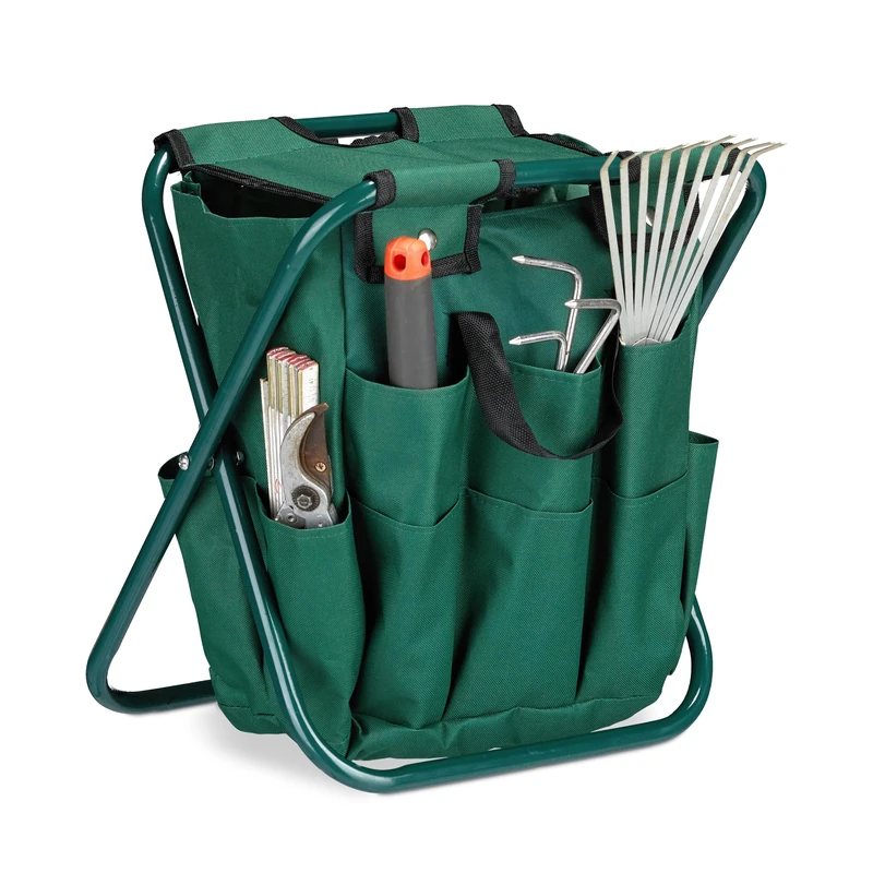 Relaxdays Garden Tool Storage Seat, Outdoor Equipment Storage, Foldable, HxWxD: 42 x 30 x 39 cm, for Gardening, Green