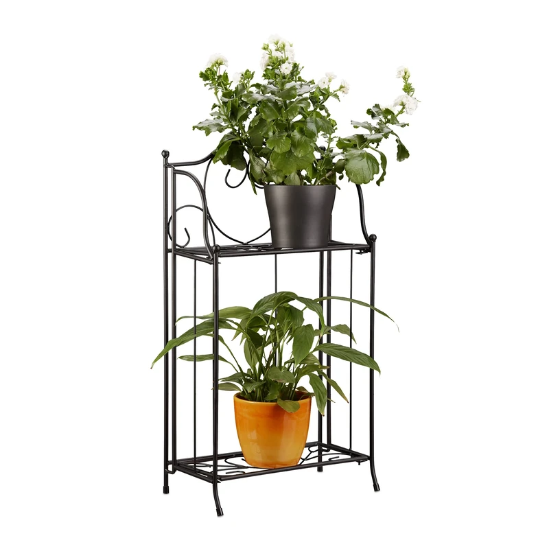 Relaxdays Metal Flower Stand with 2 Tiers, for Potted Plants, Balcony Decor, Outdoor, Freestanding, 64.5 x 33.5 x 18cm, Black