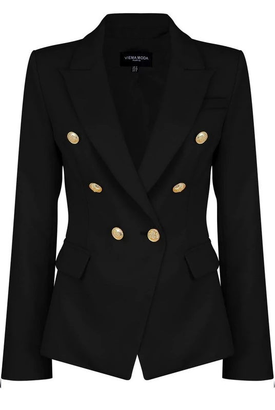 Womens Double Breasted Military Style Blazer Ladies Coat Jacket - Black -