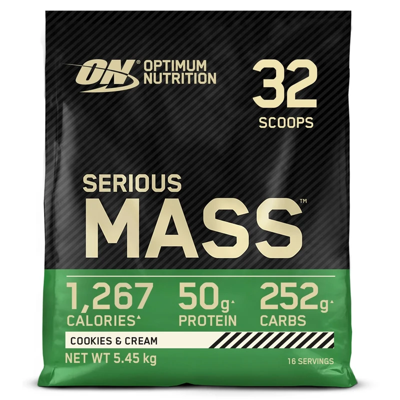 Optimum Nutrition Serious Mass Protein Powder High Calorie Mass Gainer with Vitamins, Creatine and Glutamine, Cookies and Cream, 16 Servings, 5.45 kg, Packaging May Vary