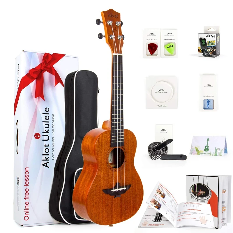 Aklot Concert Ukulele Solid Mahogany Ukelele 23 Inch Ukele Professional Uke With Free Online Course 8 Packs Beginner Starter Kits(Gig Bag Picks Tuner Strap String Cleaning Cloth Instruction Book)
