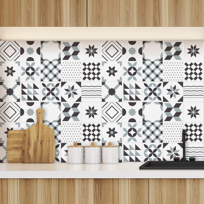 Ambiance Sticker Self-Adhesive Decorative Wall Decal Cement Tile for Bathroom and Kitchen Géométriques Nuance de Gris - Pack of 60 Stickers of 15 x 15 cm