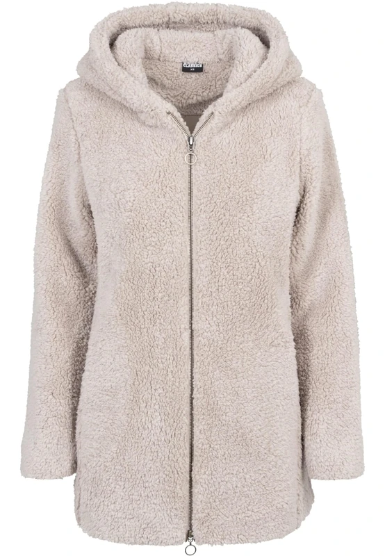 URBAN CLASSICS Women's Sherpa Cardigan Jacket, Long-Sleeve Fluffy Faux Fur Sherpa Coat, Casual Fluffy Coat for Women, Sherpa Hoodie Cardigan, Colour: Sand, Size: Small