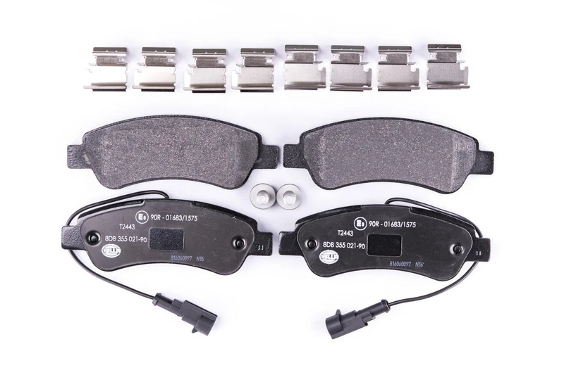HELLA 8DB 355 021-901 Brake pad set - with integrated wear warning contact - T2443 - for e.g. CITROEN / FIAT / PEUGEOT / RAM - Image 1