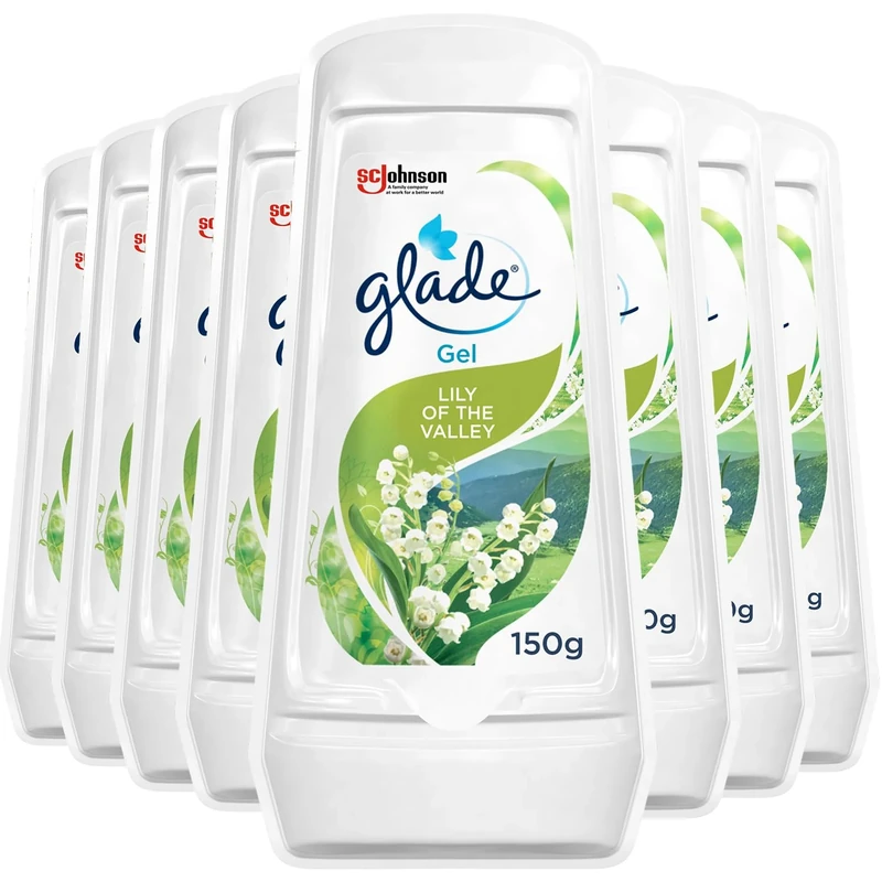 Glade Solid Gel Air Freshener, Odour Eliminator for Home & Bathroom, Lily of The Valley, Pack of 8 (8 x 150g)