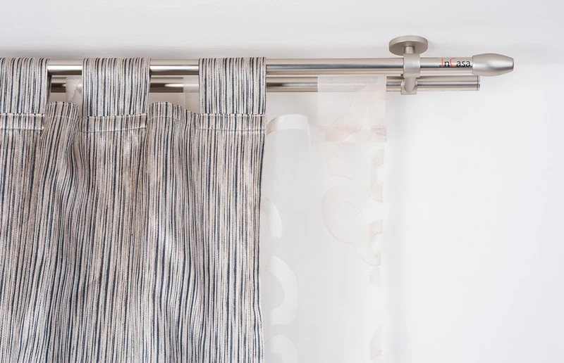 InCasa Curtain Double Pole: 20 mm Without Rings, Length 280 cm, with Tappo Chic Satin Steel-Complete, Stainless, Grey