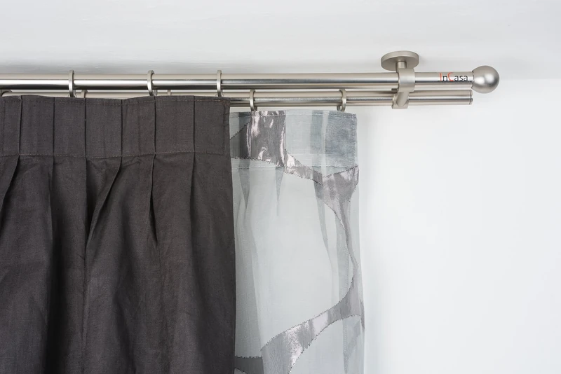 InCasa Curtain Double Pole: 20 mm, Length 140 cm, with Tappo Chic Satin Steel-Complete, Stainless, Grey