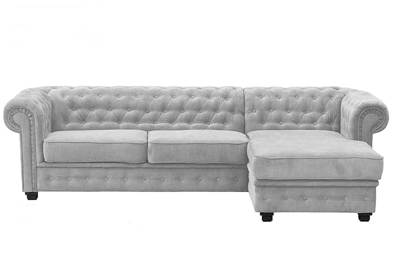 Chesterfield Style Corner Sofa Set 3+2 Seater Armchair Light Grey Fabric (Right Hand Corner)