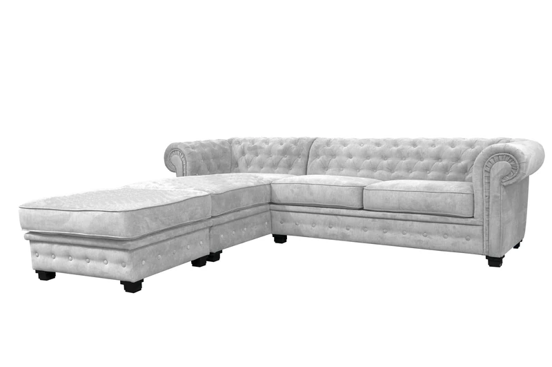 Chesterfield Style Corner Sofa Set 3+2 Seater Armchair Light Grey Fabric (Left Hand Corner With Footstool)