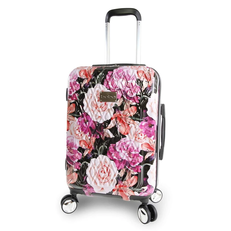 Bebe Women's Marie 21" Hardside Carry-on Spinner Luggage, Black Floral Print, One Size